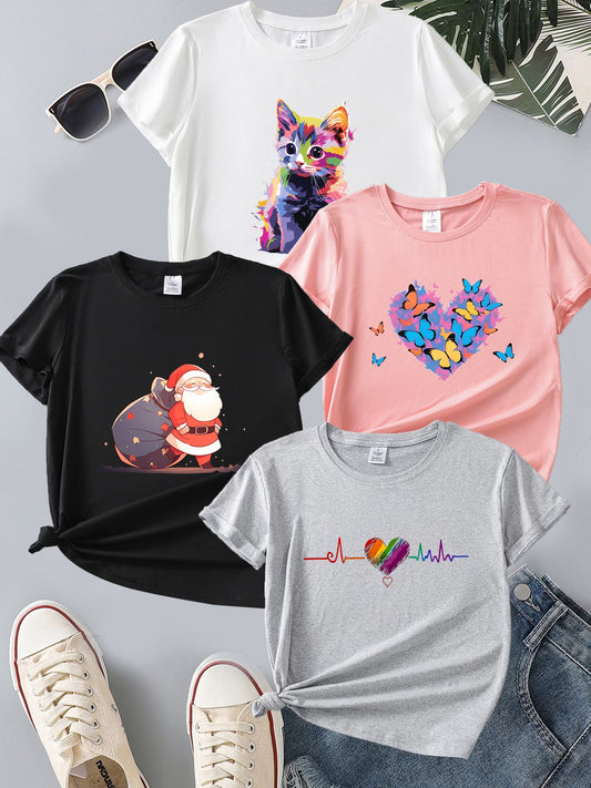 4PCS Women’s Vintage Valentine Print T-Shirts – Short Sleeve Round Neck Casual Tees