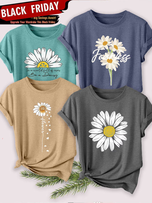 4PCS Women’s Vintage Valentine Print T-Shirts – Short Sleeve Round Neck Casual Tees