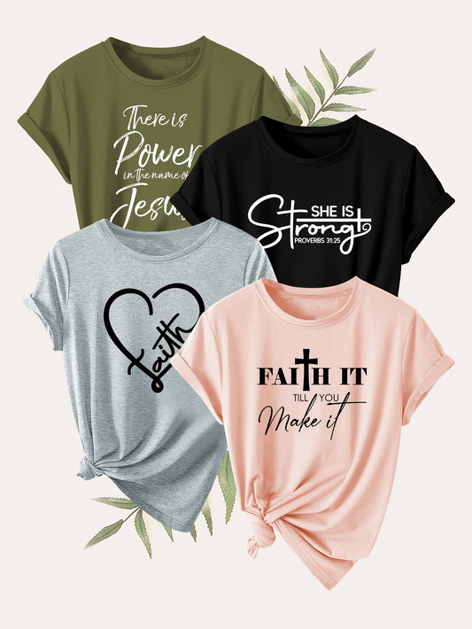 4PCS Women’s Vintage Valentine Print T-Shirts – Short Sleeve Round Neck Casual Tees