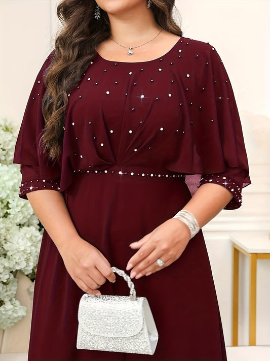 Elegant Plus Size Rhinestone Crew Neck Dress
