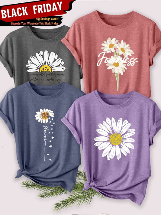 4PCS Women’s Vintage Valentine Print T-Shirts – Short Sleeve Round Neck Casual Tees