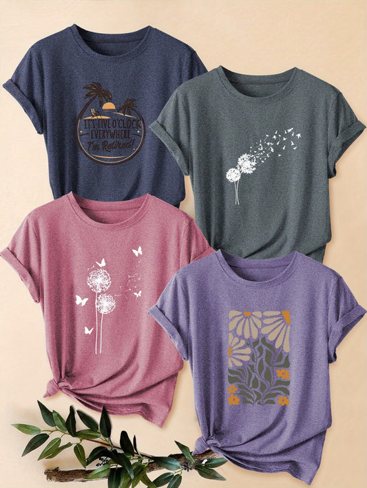 4PCS Women’s Vintage Valentine Print T-Shirts – Short Sleeve Round Neck Casual Tees