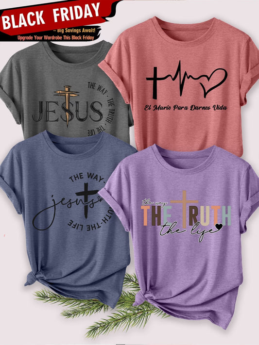 4PCS Women’s Faith Cross Graphic T-Shirt Set – Short Sleeve Crew Neck Casual Loose Fit Tops, Soft Breathable Fabric, S-XXL