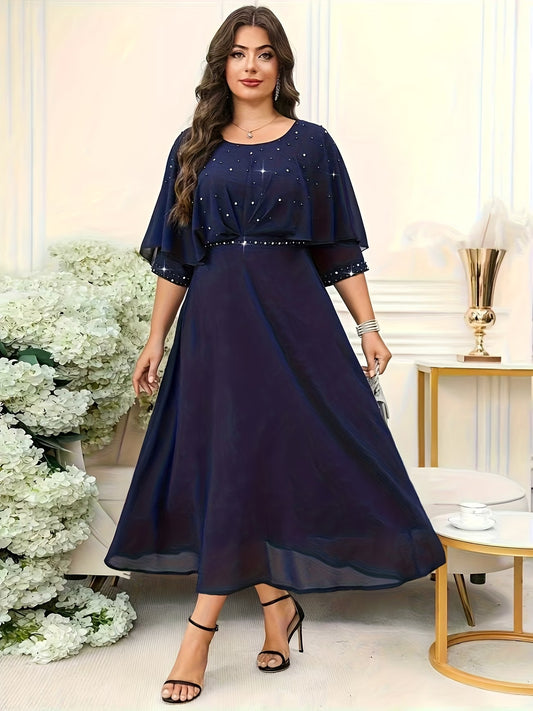 Elegant Plus Size Rhinestone Crew Neck Dress