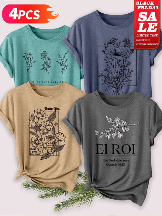 4PCS Women’s Vintage Valentine Print T-Shirts – Short Sleeve Round Neck Casual Tees