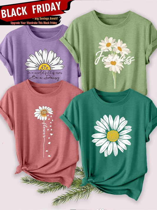 4PCS Women’s Vintage Valentine Print T-Shirts – Short Sleeve Round Neck Casual Tees