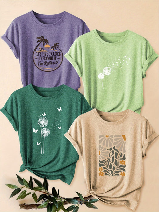 4PCS Women’s Vintage Valentine Print T-Shirts – Short Sleeve Round Neck Casual Tees