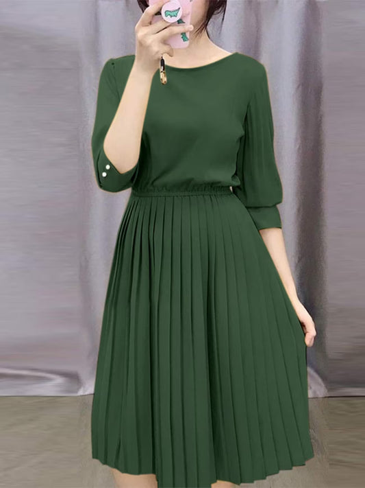 Elegant Korean Style Pleated A-Line Knee Length Dress