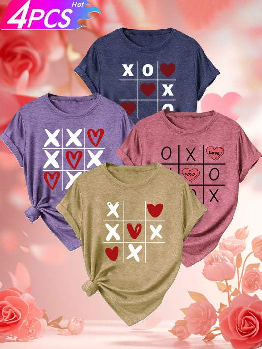 4PCS Women’s Vintage Valentine Print T-Shirts – Short Sleeve Round Neck Casual Tees