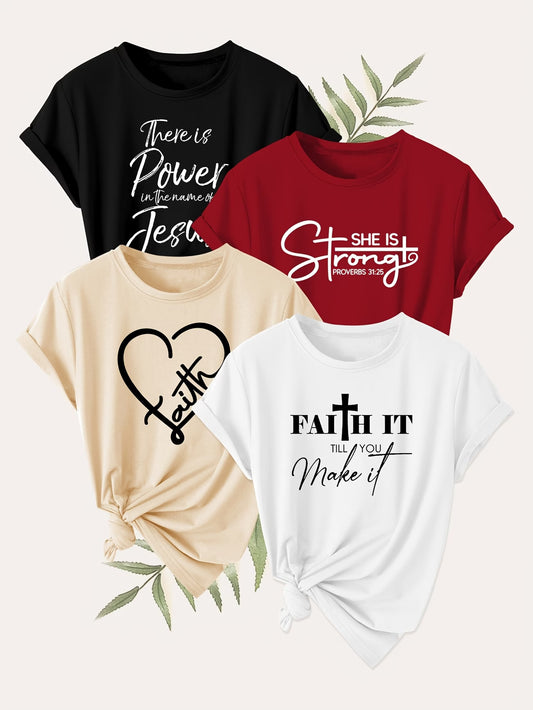 4PCS Women’s Vintage Valentine Print T-Shirts – Short Sleeve Round Neck Casual Tees