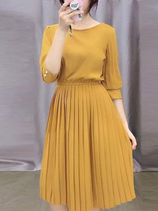 Elegant Korean Style Pleated A-Line Knee Length Dress