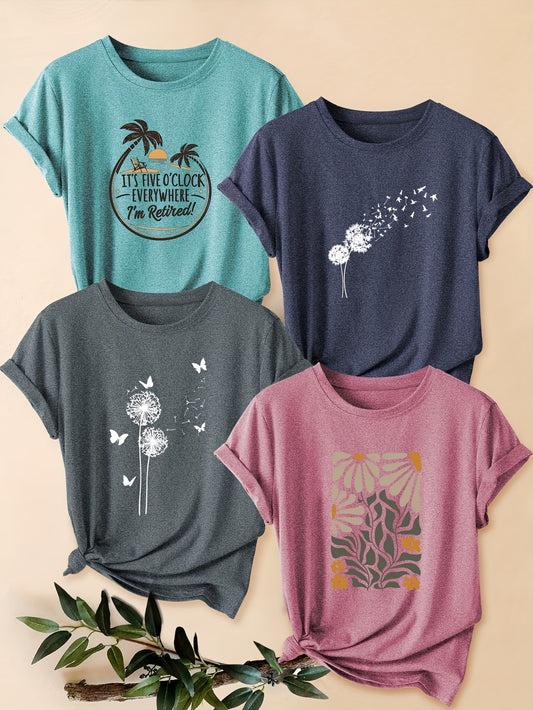 4PCS Women’s Vintage Valentine Print T-Shirts – Short Sleeve Round Neck Casual Tees