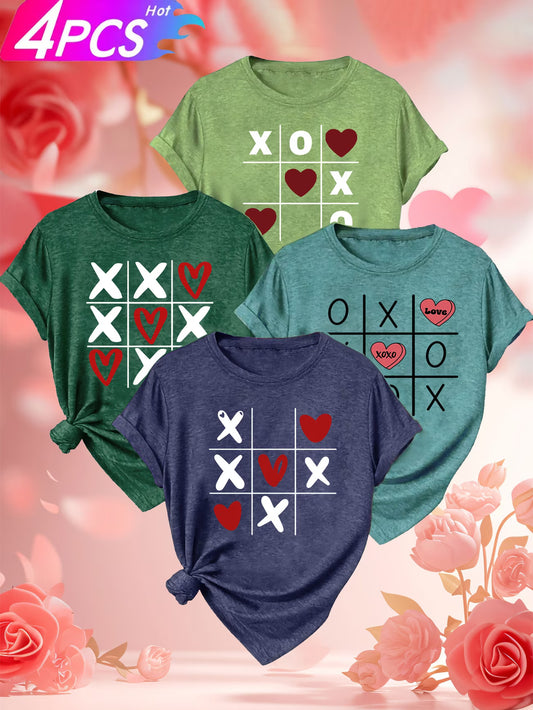 4PCS Women’s Vintage Valentine Print T-Shirts – Short Sleeve Round Neck Casual Tees